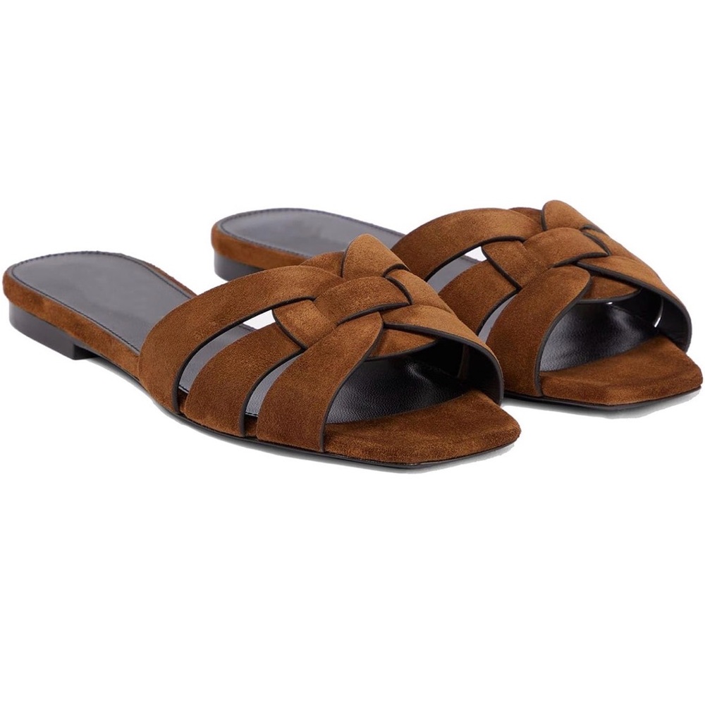 Women's Brown Suede Slide Sandals - Knotted Strap